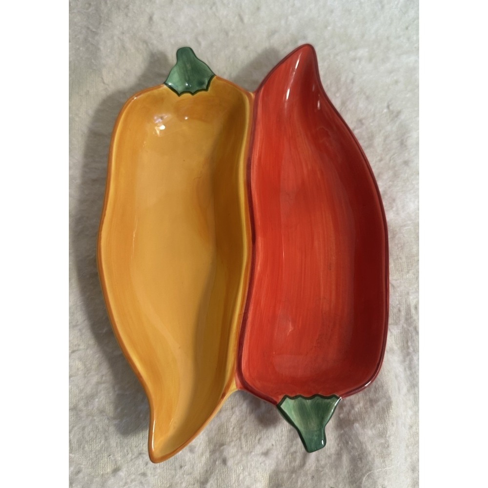 Clay Art Caliente Double Chili Pepper Divided Dish / Chip & Dip Bowl Fiesta
